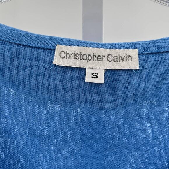 Christopher Calvin Blue Linen Ruffle V Neck 3/4 Sleeve Blouse Pullover Top S - Picture 5 of 8